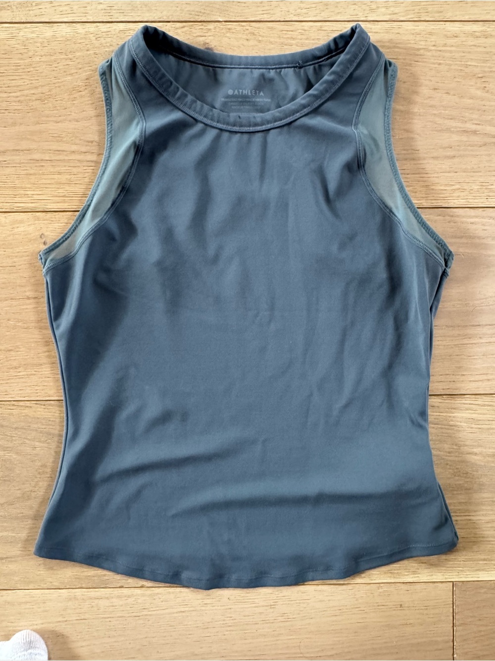 Athleta Slate Blue High-Neck Performance Tank with mesh trim on sleeve